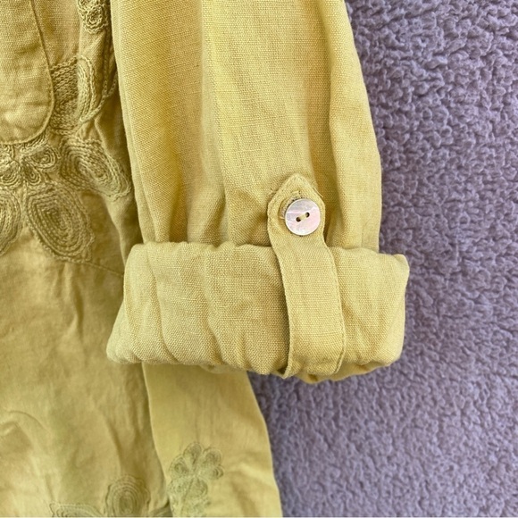 Soft Surroundings Green Livvie Linen Blend Floral Embroidered Roll Tab Tunic - Picture 5 of 10